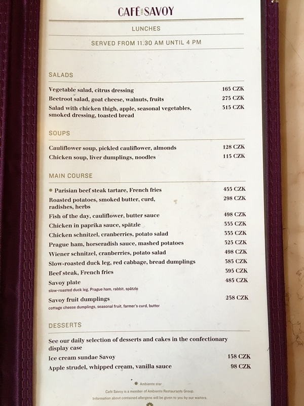 Cafe Savoy menu