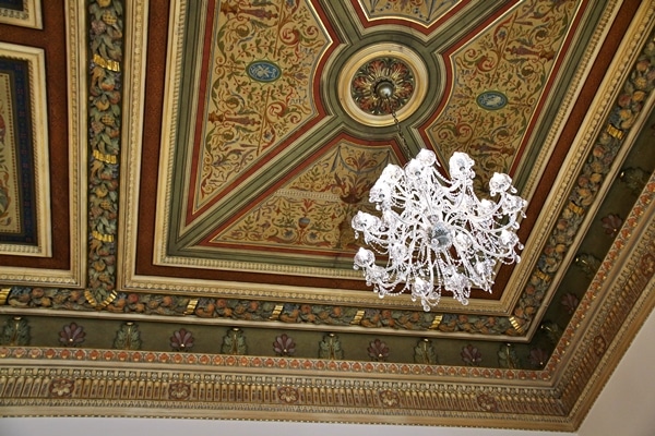 colorful restaurant ceiling with glass chandeliers