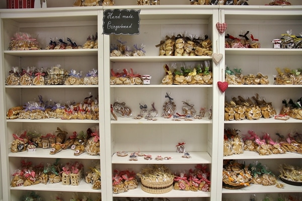 shelves stocked with gingerbread in a gingerbread shop