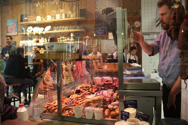 the butcher counter at Nase Maso meat shop in Prague