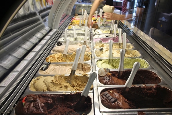 display case of various gelato and sorbet varieties