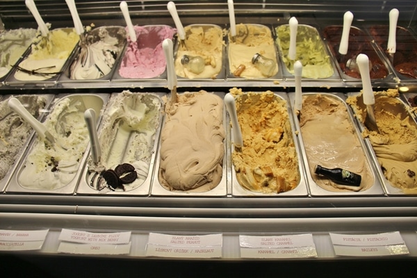 colorful gelato varieties in a display case