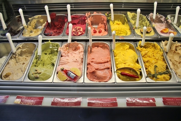 brightly colored sorbets in a display case