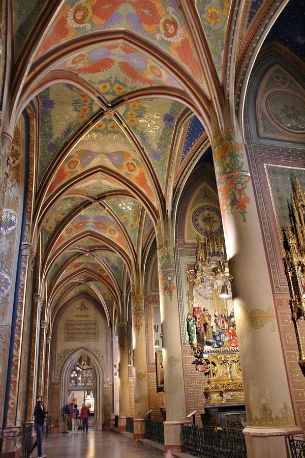 church interior, brightly painted vaulted ceilings