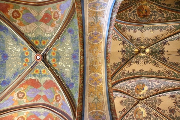 colorful vaulted ceiling inside Basilica of St. Peter and St. Paul in Prague