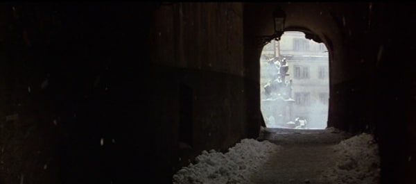 a screenshot from the movie Amadeus of a snowy tunnel