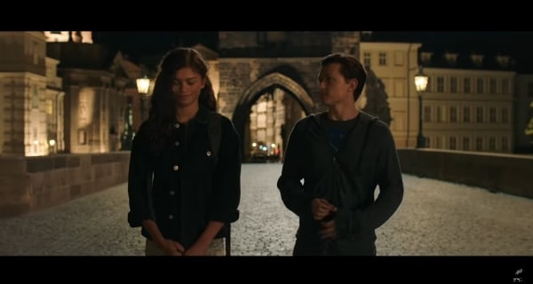 screenshot from Spider Man: Far From Home showing Peter and MJ on bridge