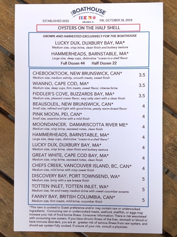 The Boathouse oyster menu