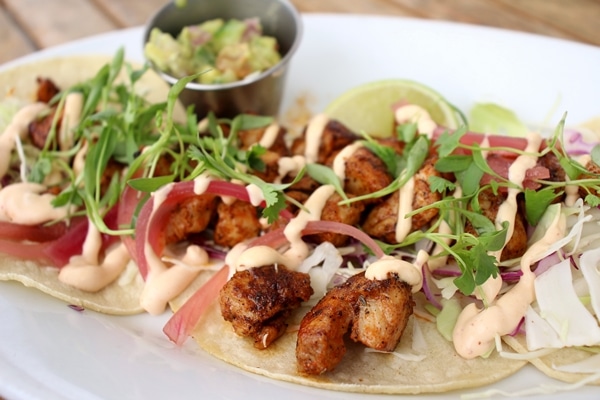 close up of fish tacos on a white plate