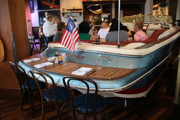 a restaurant table made from a boat