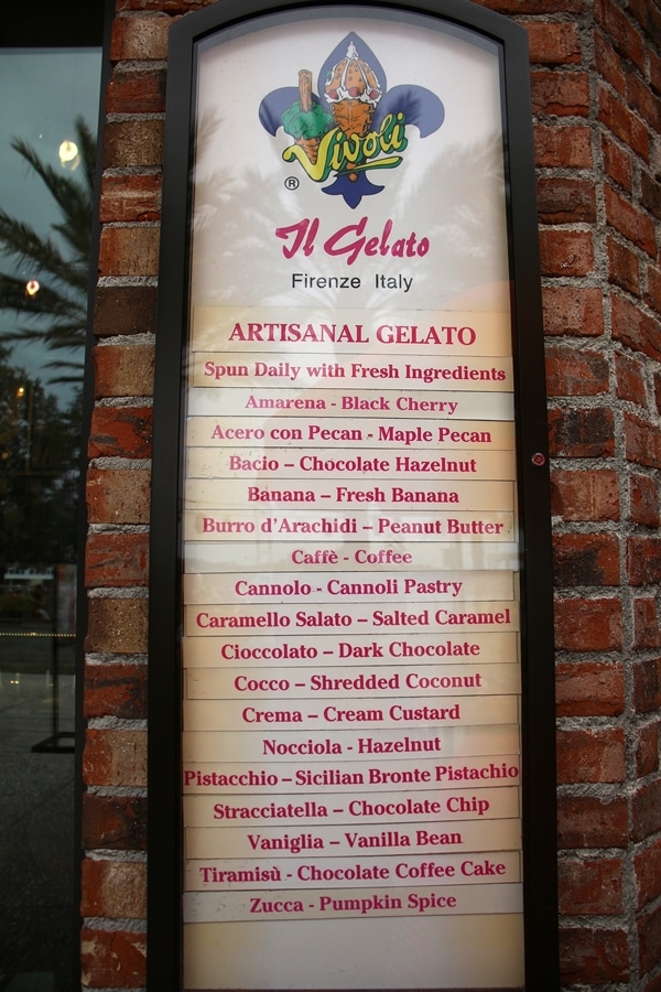 Vivoli Gelato menu at Disney Springs