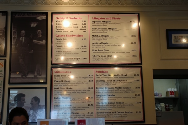 interior menu at Vivoli Gelato