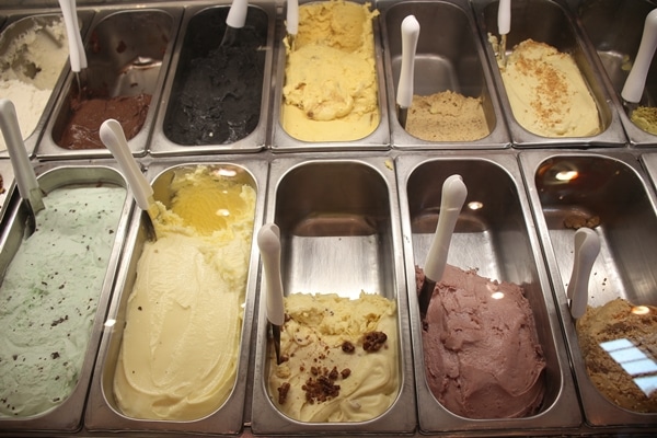various gelatos in metal trays