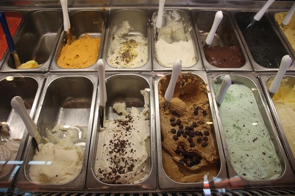 colorful gelatos in metal trays