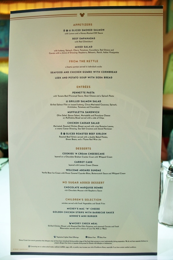embarkation lunch menu on the Disney Fantasy