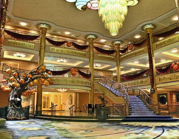 The atrium of the Disney Fantasy decorated for Halloween