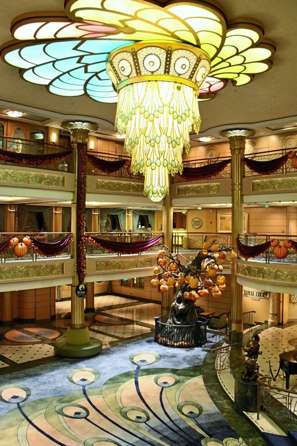 The atrium of the Disney Fantasy decorated for Halloween