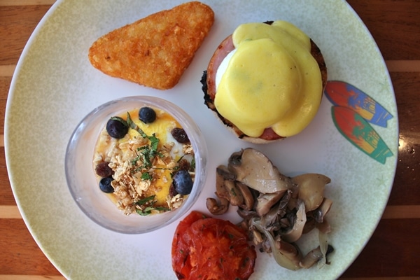 A plate of breakfast food sitting on top of a wooden table