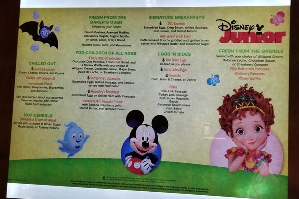 Disney Junior breakfast menu