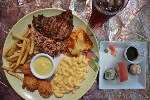 A plate of lunch food on a table