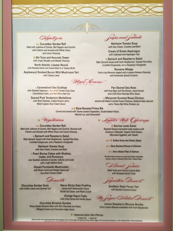 Enchanted Garden dinner menu