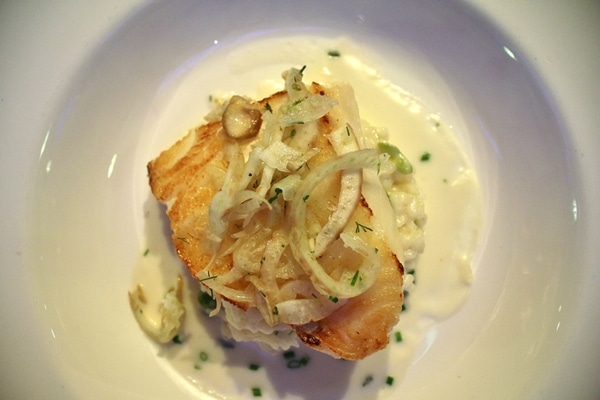 Fish with fennel on a white plate