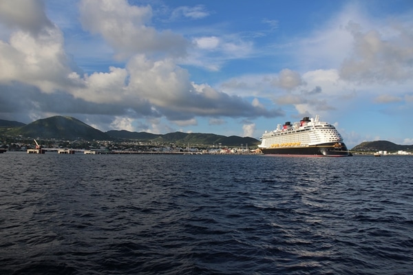 a cruise ship docked at a port