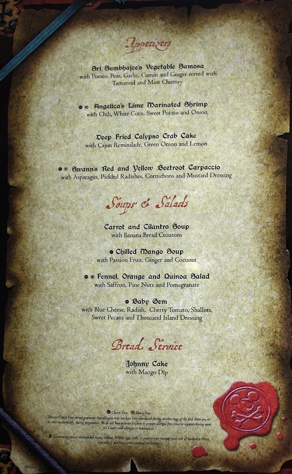 Disney Fantasy pirate dinner menu