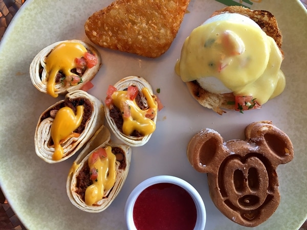 a plate of breakfast items from the cruise ship buffet