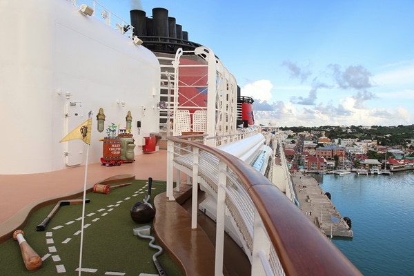 the mini golf area on the Disney Fantasy cruise ship while docked at port