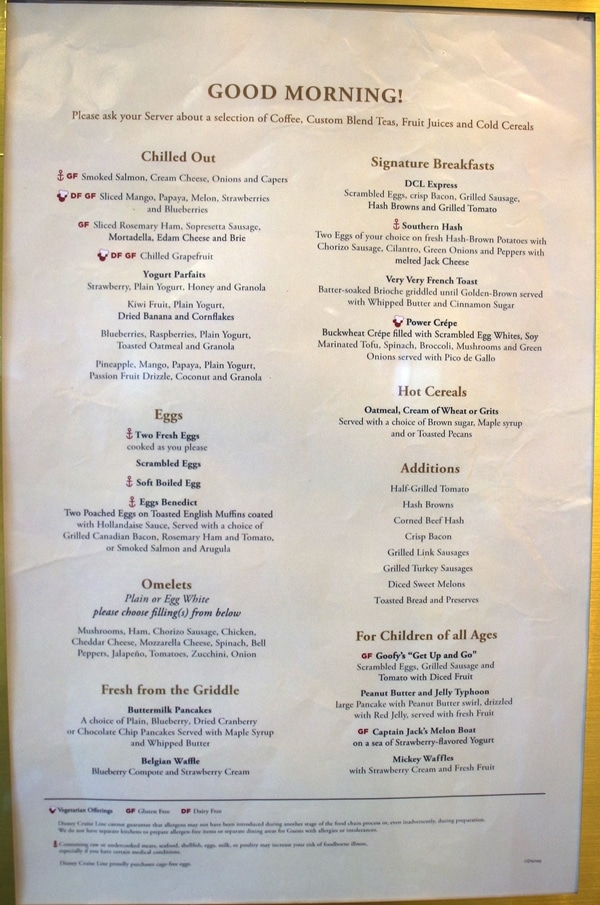 breakfast menu on the Disney Fantasy