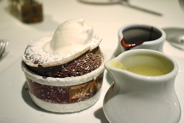 chocolate souffle with scoop of vanilla ice cream