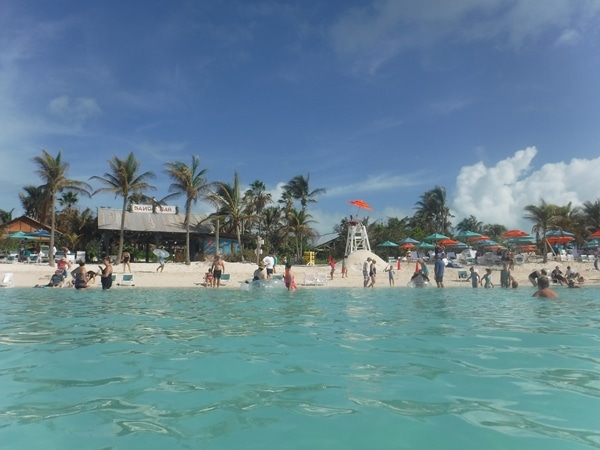 A group of people swimming at the beach