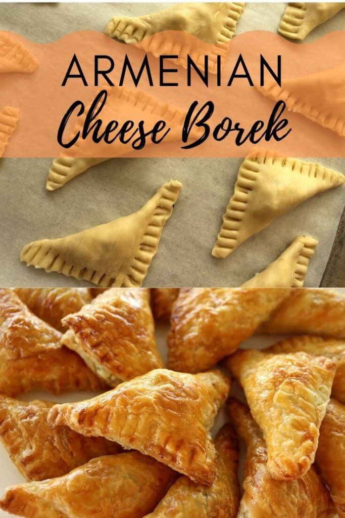A photo collage: the top photo is unbaked puff pastry triangles on a baking sheet. The bottom photo is a platter of Armenian cheese borek, crispy and golden after baking.