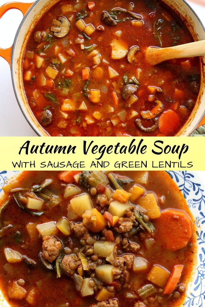 Photo collage with pot of autumn vegetable soup at the top, and bowl of soup at the bottom