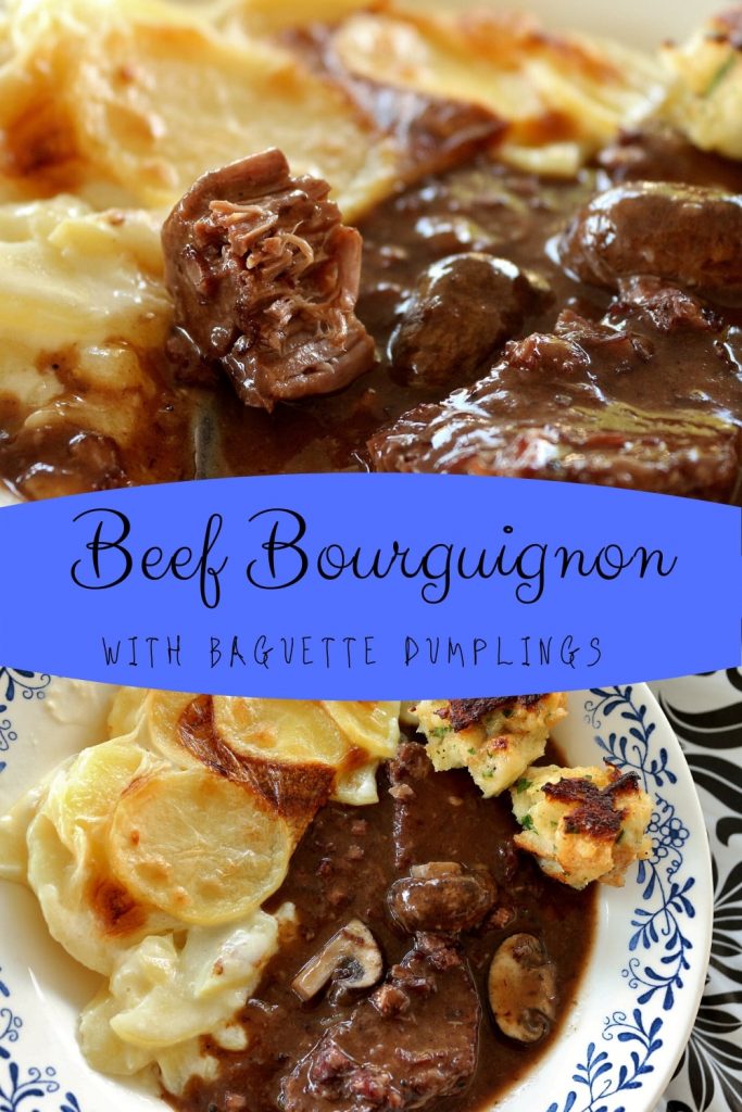 Beef bourguignon with baguette dumplings and potatoes au gratin