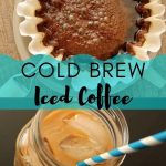 cold brew iced coffee straining in a coffee filter and served in a mason jar mug