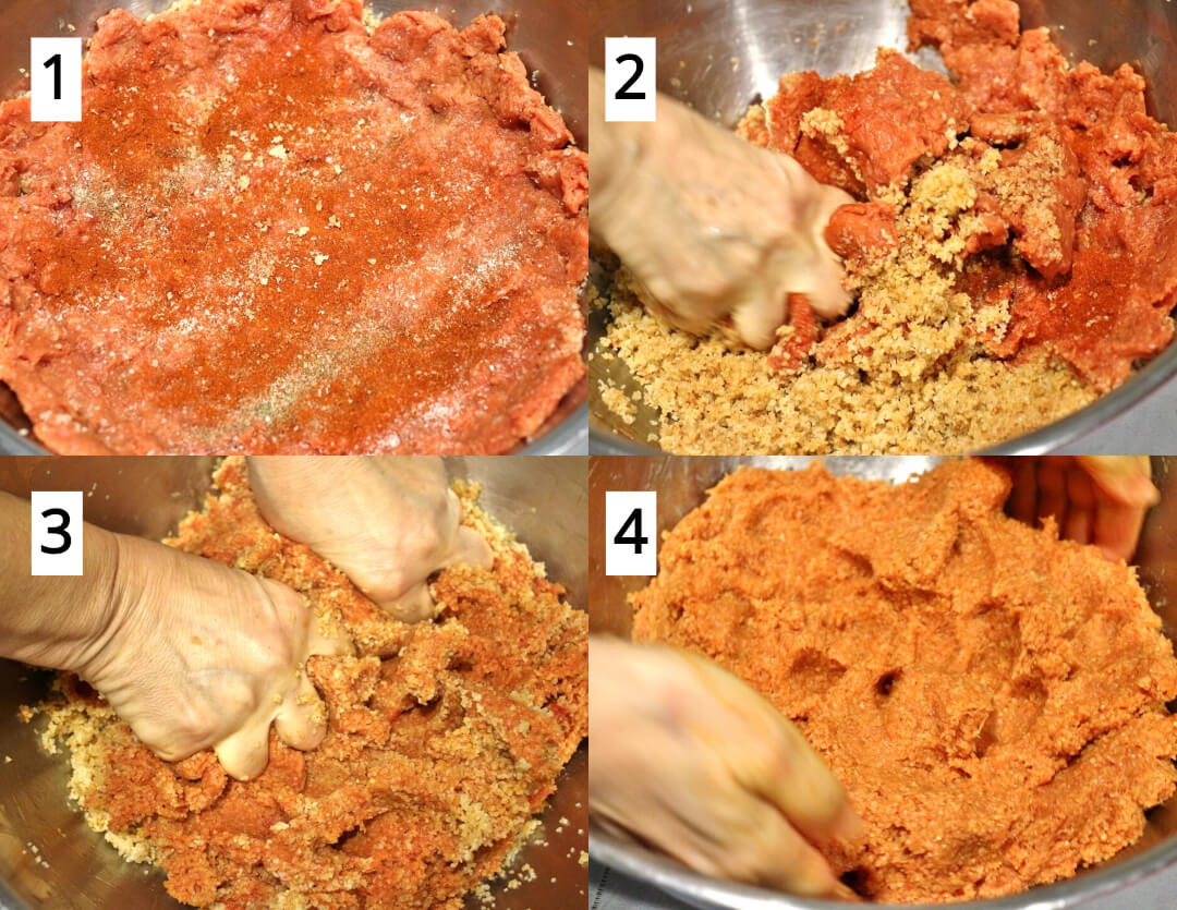 Step by step photos showing how to mix ground beef with bulgur for ishli kofte