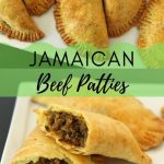 Jamaican beef patties served on a white rectangular plate, with one cut in half to show the filling