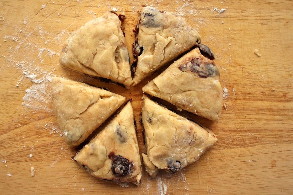 Scones cut into wedges before baking