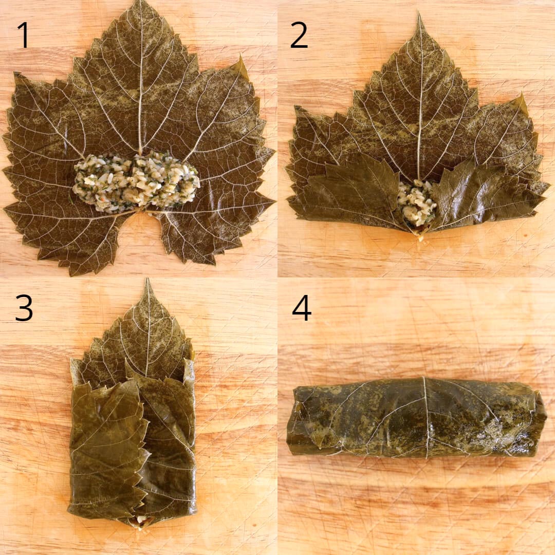 Step by step images of assembling stuffed grape leaves