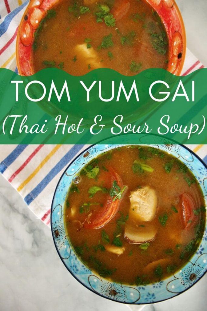 2 servings of tom yum gai (hot and sour chicken soup) in colorful floral bowls