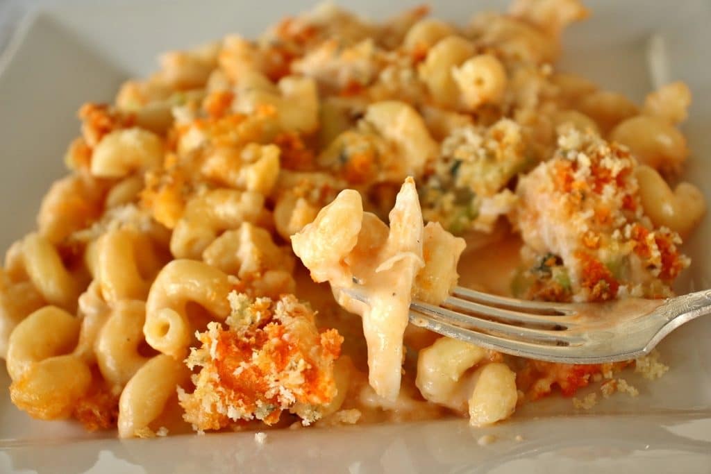 A closeup of buffalo chicken mac and cheese on a plate with a fork spearing a bite of food
