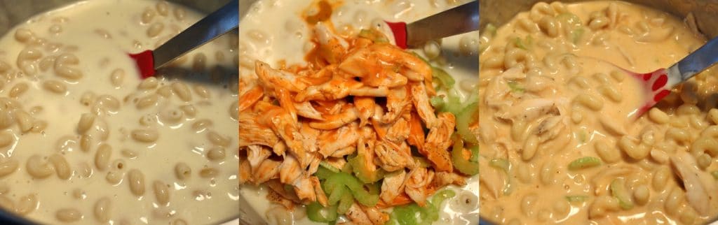 Process shots of adding cooked macaroni to cheese sauce, adding buffalo chicken and celery, and then the mixture all stirred together