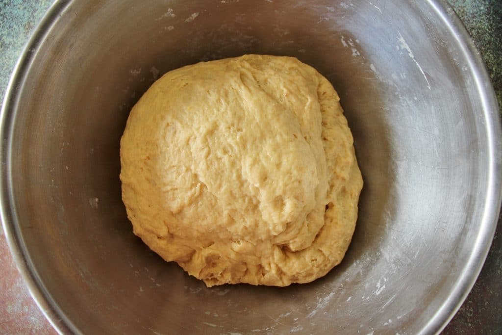 Chorek dough in a metal mixing bowl