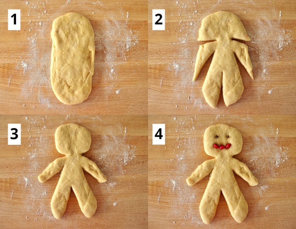 Collage of photos showing how to assemble a person shape out of chorek dough, showing to cut legs, arms, and a neck, and then add whole cloves for eyes and red m&ms for a mouth