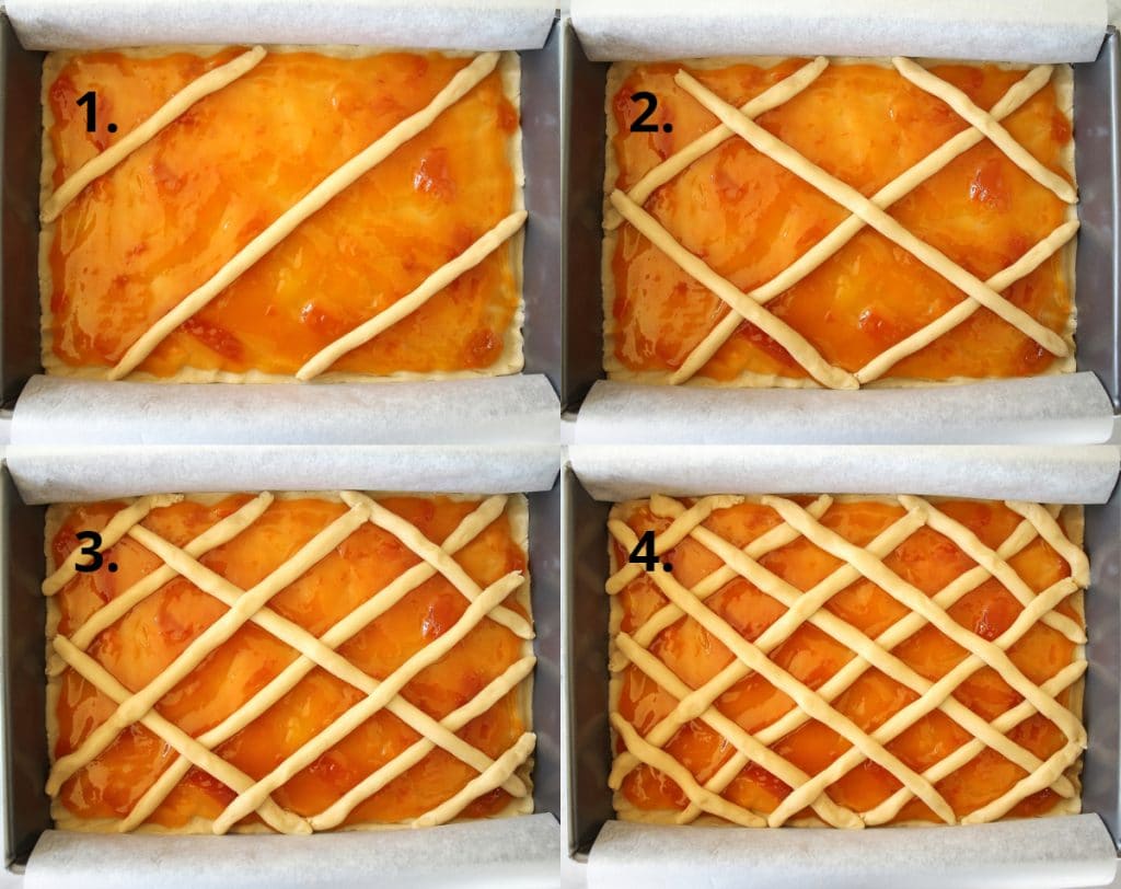 Assembling the lattice top of Russian pirog with apricot jam