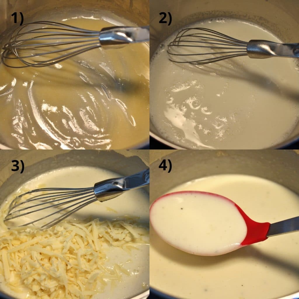 Step by step images of making a roux, adding milk, and then whisking in grated cheese to make a cheese sauce for macaroni and cheese