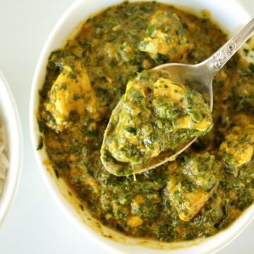 Indian chicken saag spinach curry in a white bowl with a spoon lifting some out