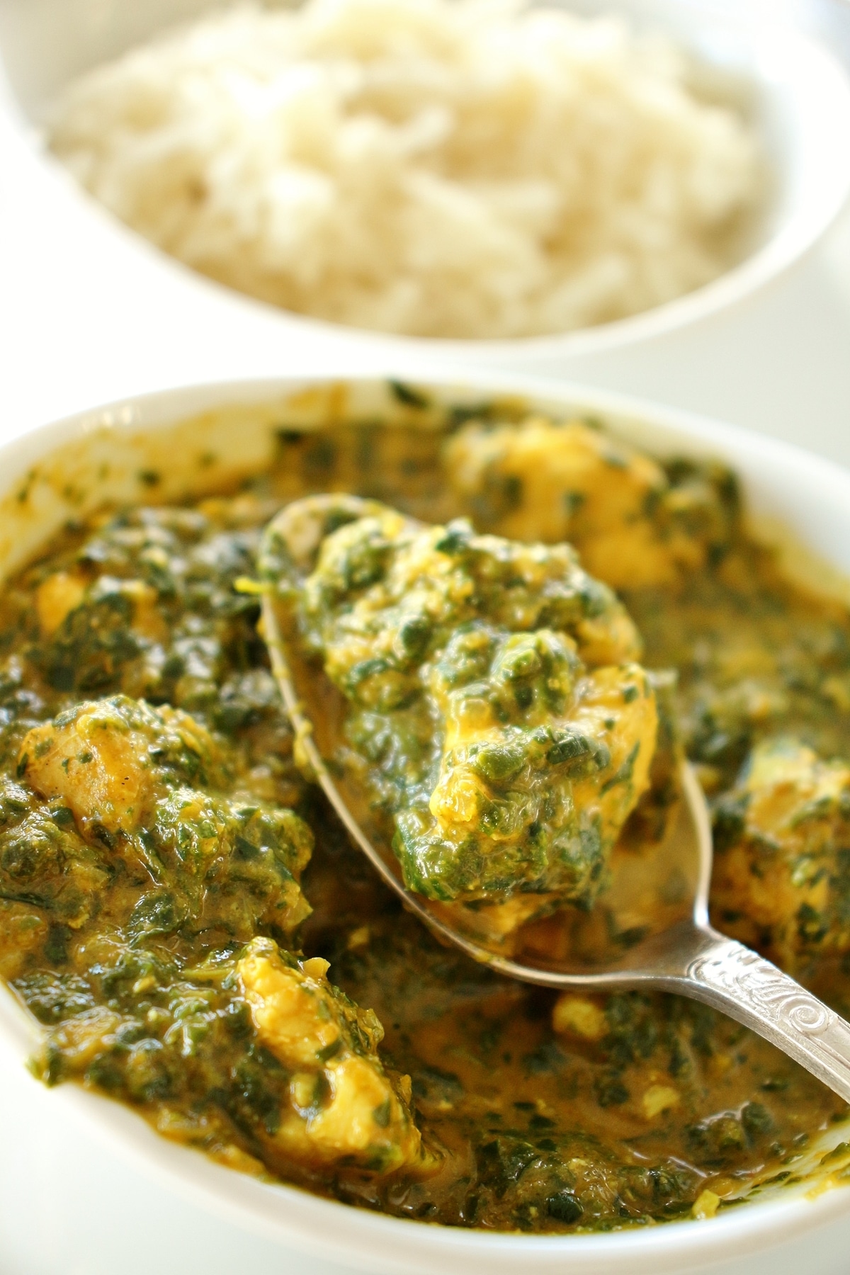 Indian chicken saag spinach curry in a white bowl with a spoon lifting some out